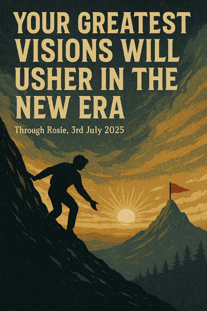 Silhouetted figure descending a rocky slope toward a glowing sun, with the words “YOUR GREATEST VISIONS WILL USHER IN THE NEW ERA.”
