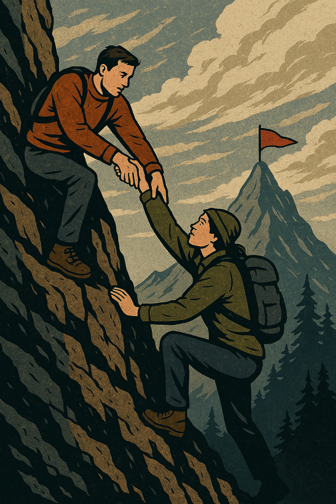 Two climbers on a steep cliff, one helping the other ascend, with a red flag marking a distant mountain peak as their goal.