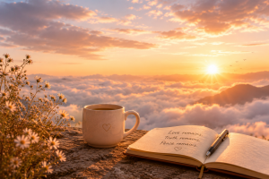 A peaceful sunrise above the clouds with a warm coffee mug and open journal resting on a rocky ledge, symbolizing peace, love, and emotional stillness.