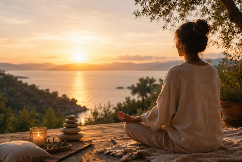 A peaceful sunset scene with a woman meditating beside calm water, candles, and stacked stones, representing inner peace and emotional stillness.
