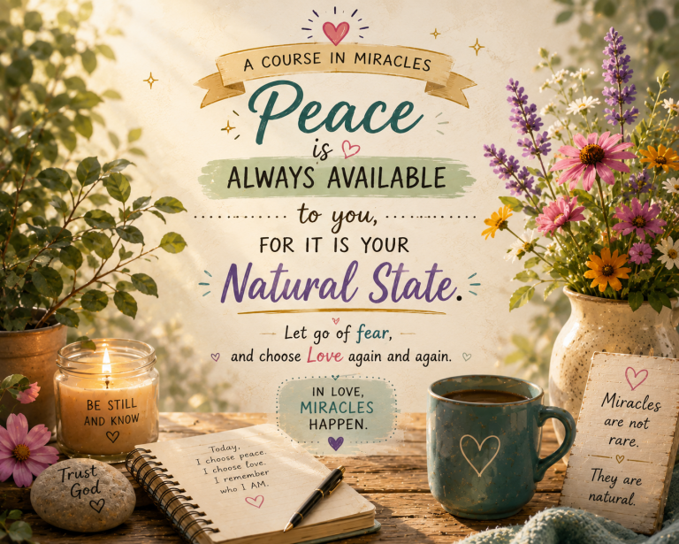 Inspirational floral scene featuring colorful wildflowers, a candle, journal, coffee mug, and spiritual quote from A Course in Miracles about peace being our natural state. Soft morning light creates a calm and uplifting atmosphere.