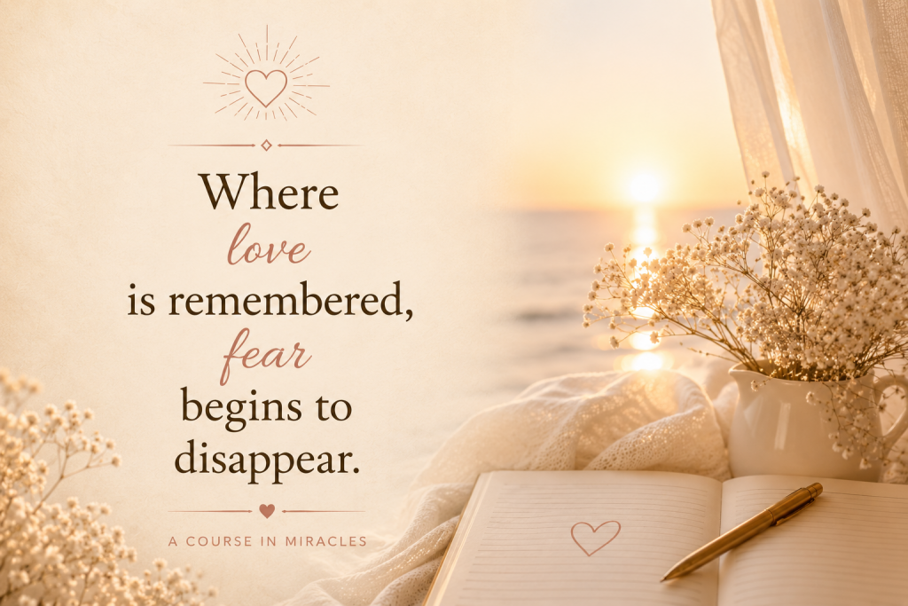 A warm sunrise scene with soft flowers, an open journal, and an inspirational quote from A Course in Miracles about love replacing fear.