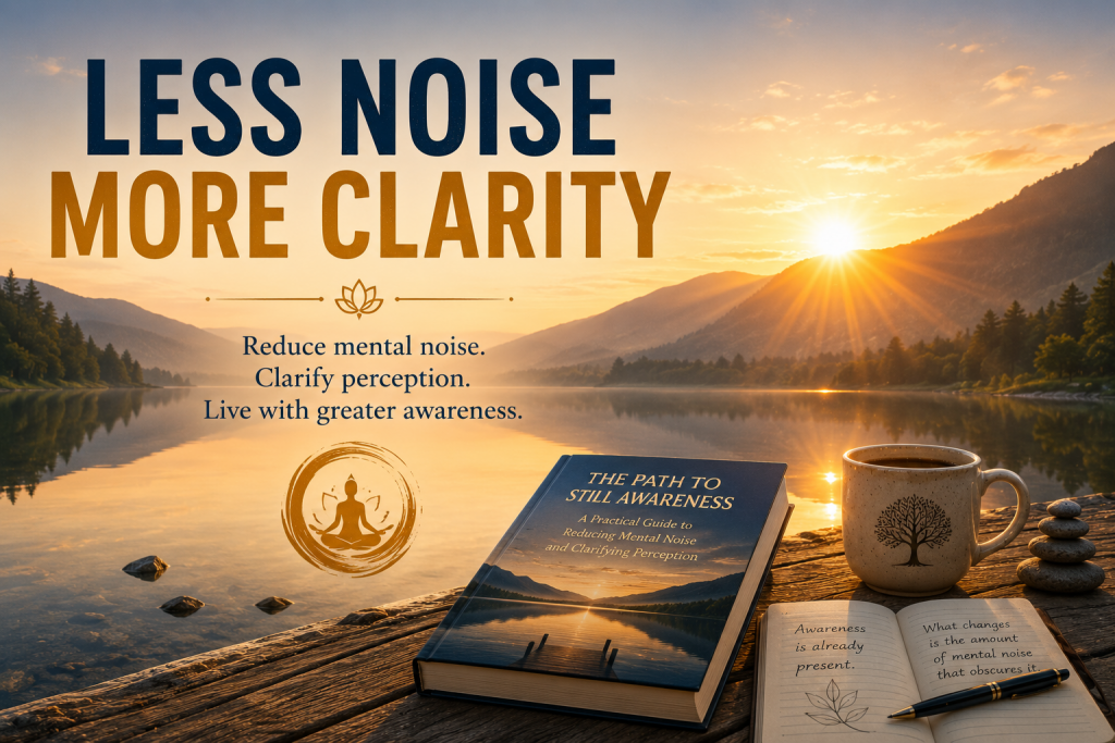 Alt Text A peaceful sunrise over a calm mountain lake with the words “Less Noise, More Clarity.” The scene includes a copy of The Path to Still Awareness, a coffee mug, meditation symbol, and open journal, representing mindfulness, awareness, and inner stillness.