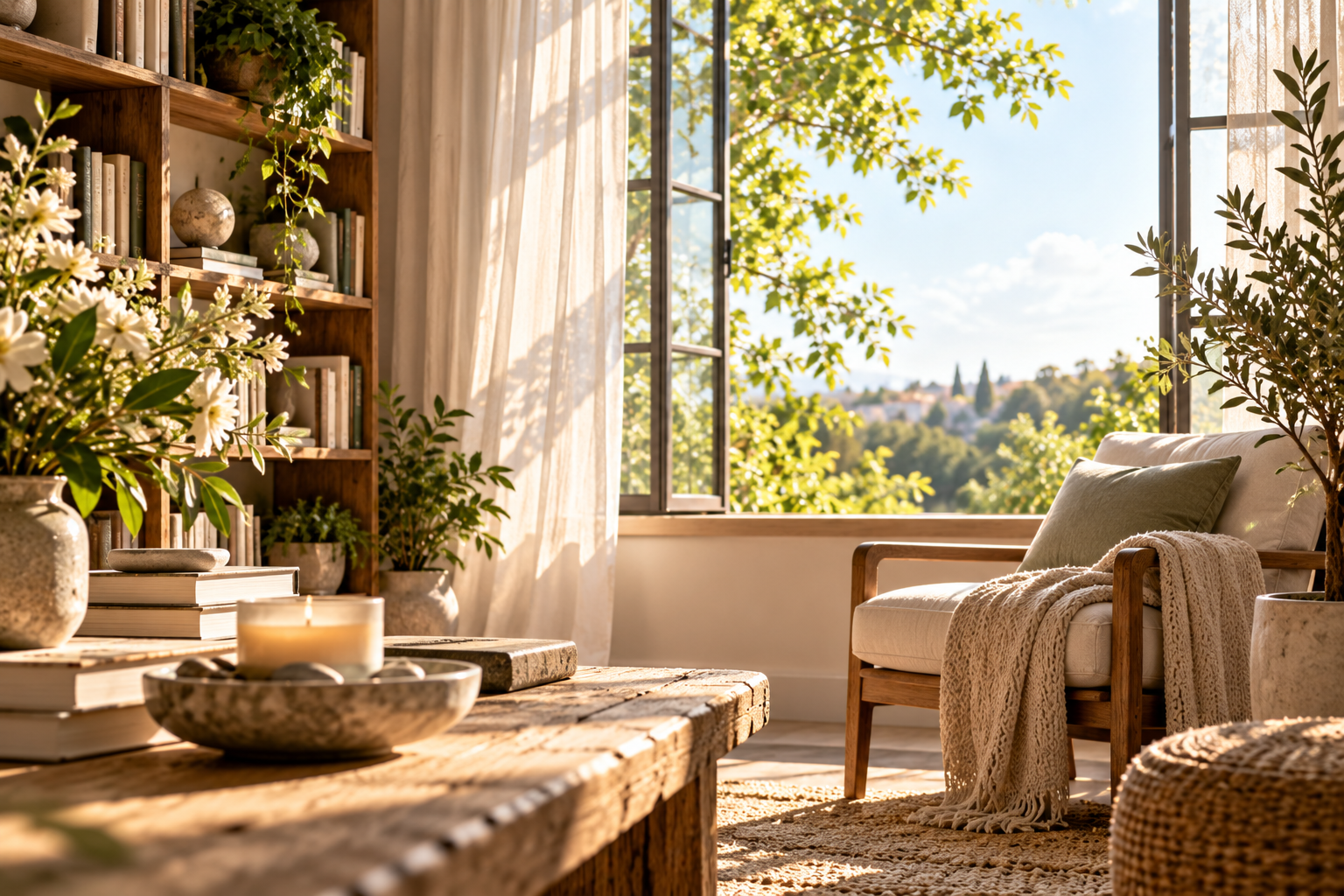 Peaceful sunlit reading space with books, greenery, and a comfortable chair, reflecting the contemplative spirit of Corner of Everything.