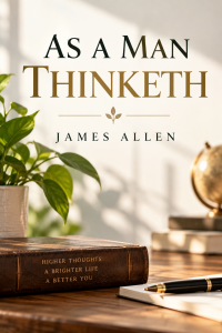 Book cover for As a Man Thinketh by James Allen, featuring a peaceful study with books, a writing journal, green plant, and globe.