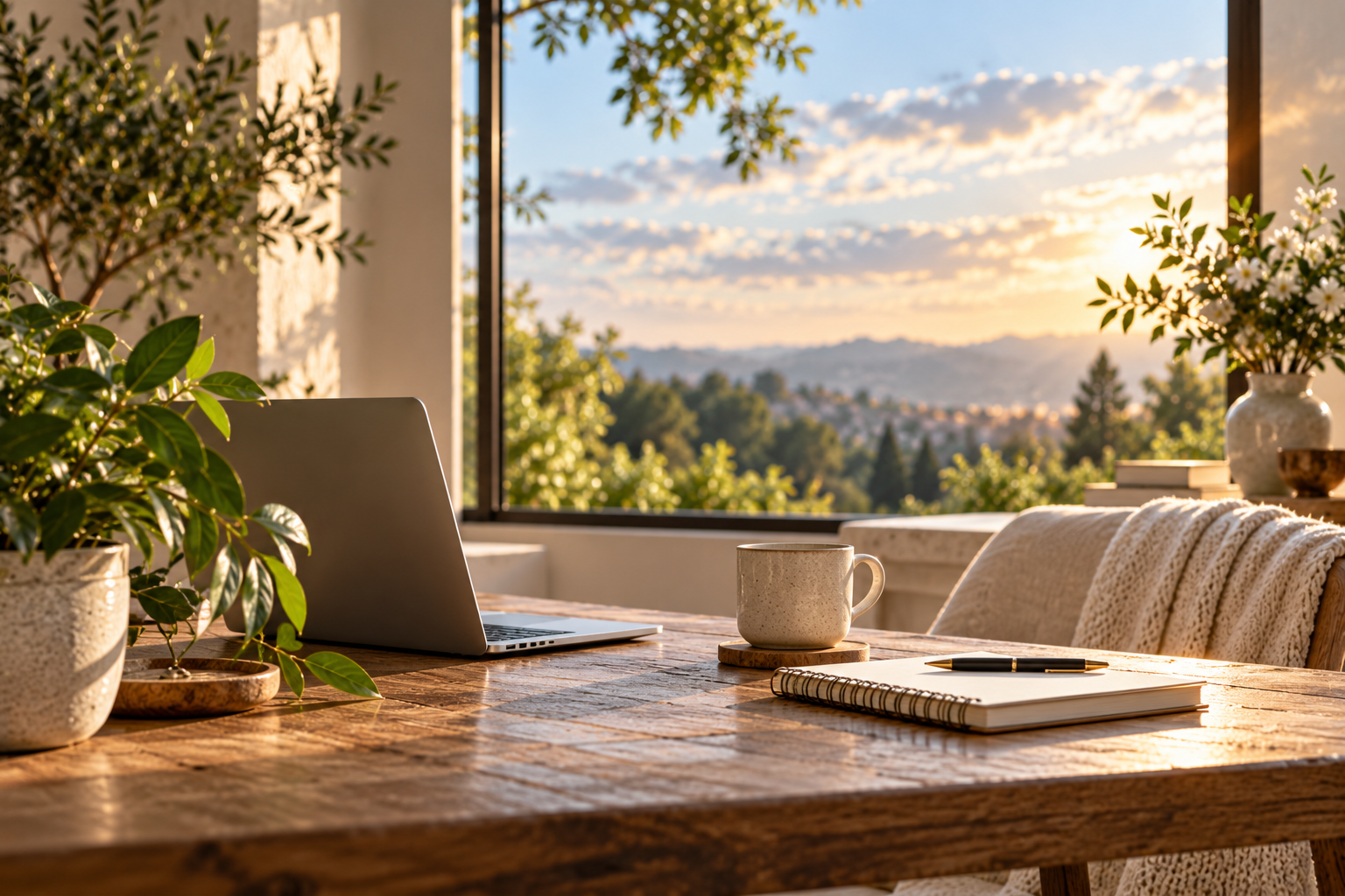 Peaceful workspace with a laptop and notebook beside a sunlit window, representing communication and connection with Corner of Everything.