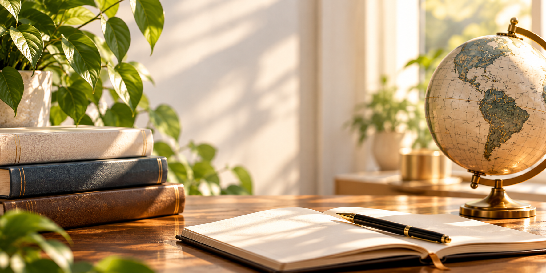 Sunlit desk with books, an open notebook, pen, globe, and green plants, representing creativity, knowledge, and respect for original work.