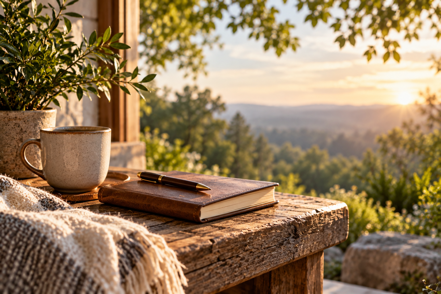 Journal and pen in a quiet sunlit setting overlooking nature, representing a moment for reflection and contemplation