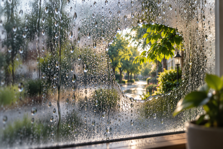 Clear view through a rain-covered window representing a different way of seeing