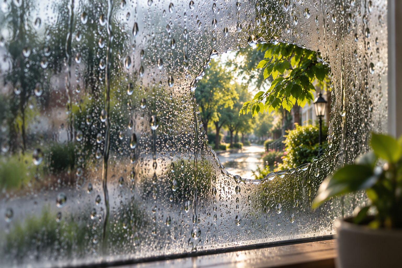 Clear view through a rain-covered window representing a different way of seeing