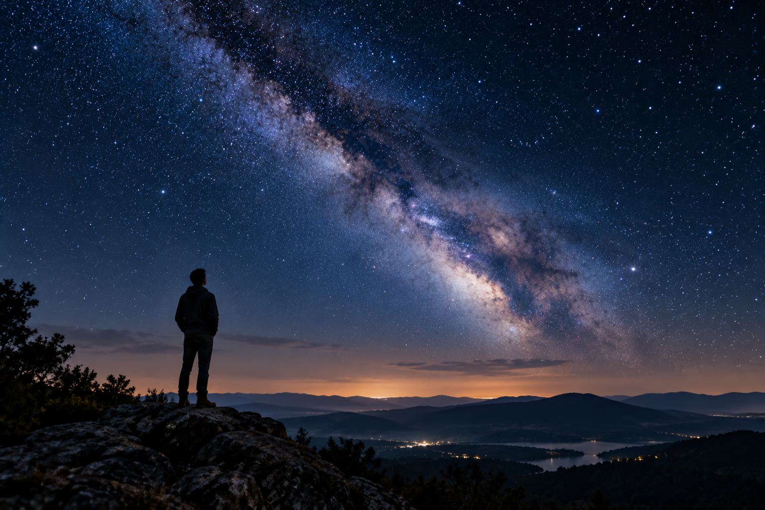 Lone person beneath the Milky Way contemplating humanity’s place within a vast universe