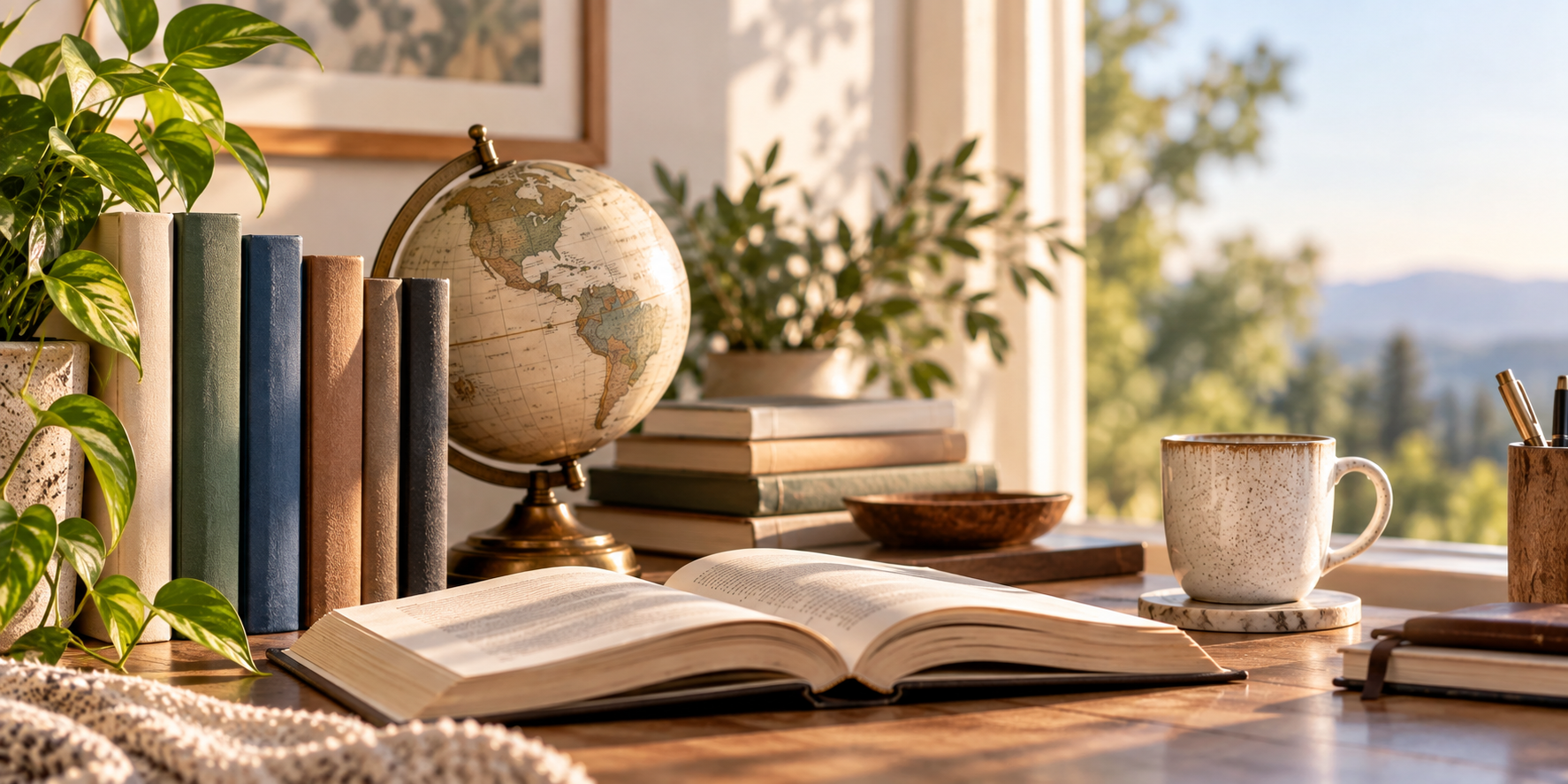 Open book, globe, and collection of books in a peaceful sunlit study space, representing spiritual learning, exploration, and resources.