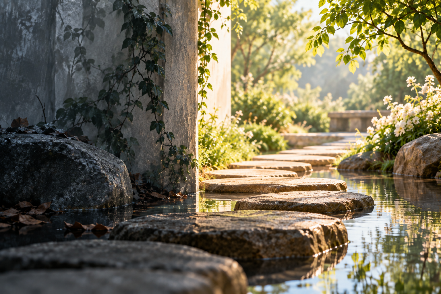 Stepping stones leading from shadow into a peaceful sunlit garden, symbolizing a shift in perception and inner awareness