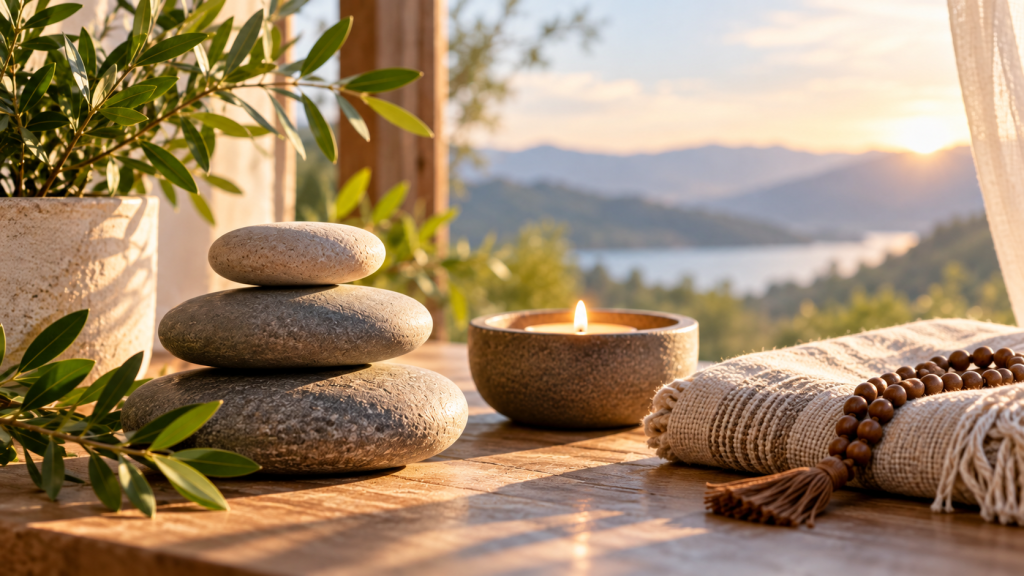 Stacked stones, a glowing candle, meditation beads, and greenery in a peaceful sunlit setting overlooking water and distant hills.
