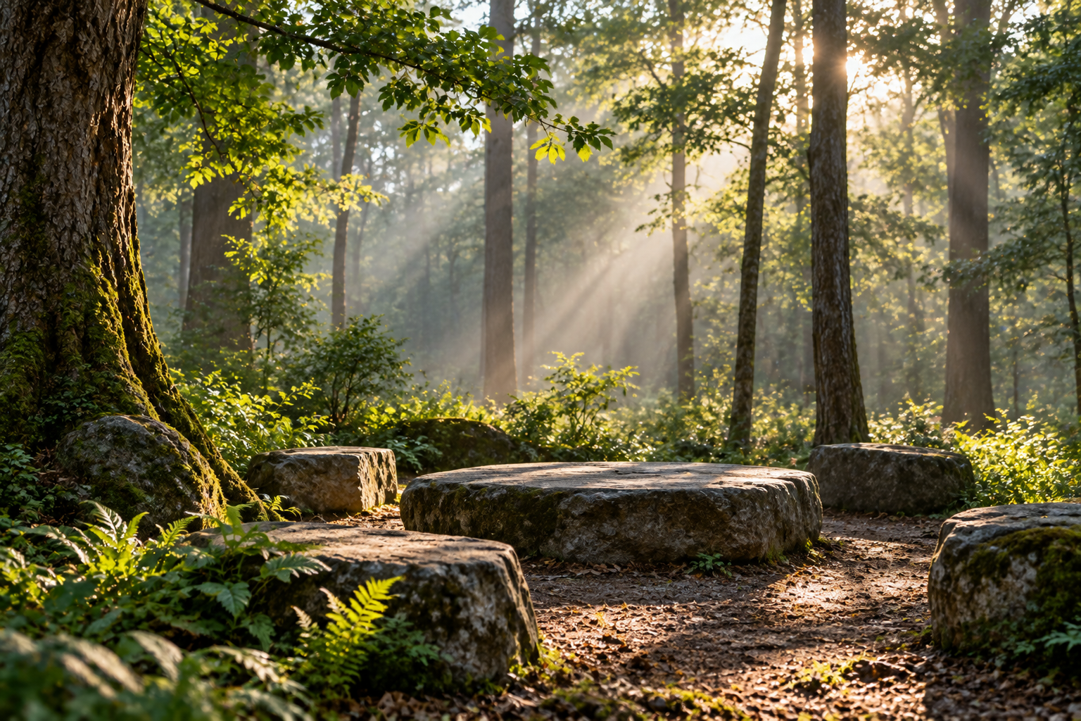 Quiet woodland clearing with natural stone seating surrounded by trees and soft morning mist