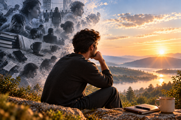 Man sitting quietly at sunrise as overlapping images of people, books, work, and distractions fade into a peaceful landscape, representing the transition from inner noise to clarity.