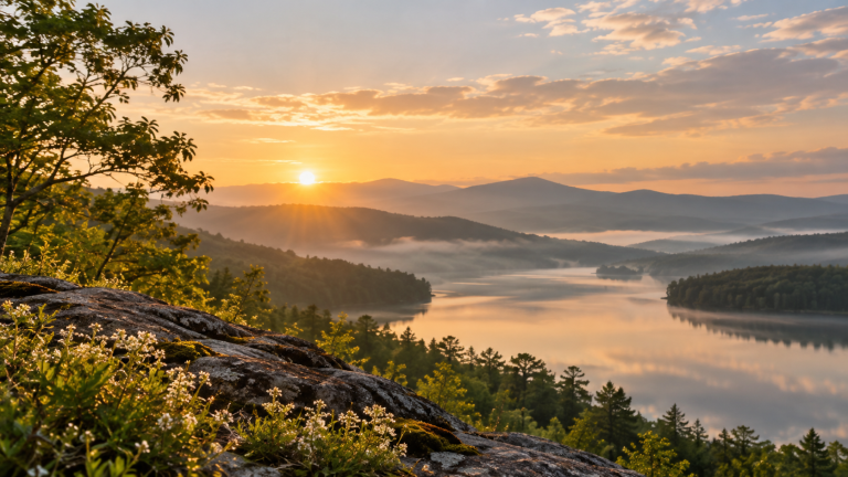 Peaceful mountain lake at sunrise reflecting a quiet moment of stillness and contemplation