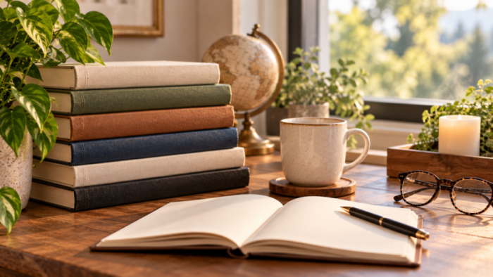 Stack of books, open notebook, reading glasses, and globe in a peaceful sunlit study space, representing recommended books and thoughtful exploration.