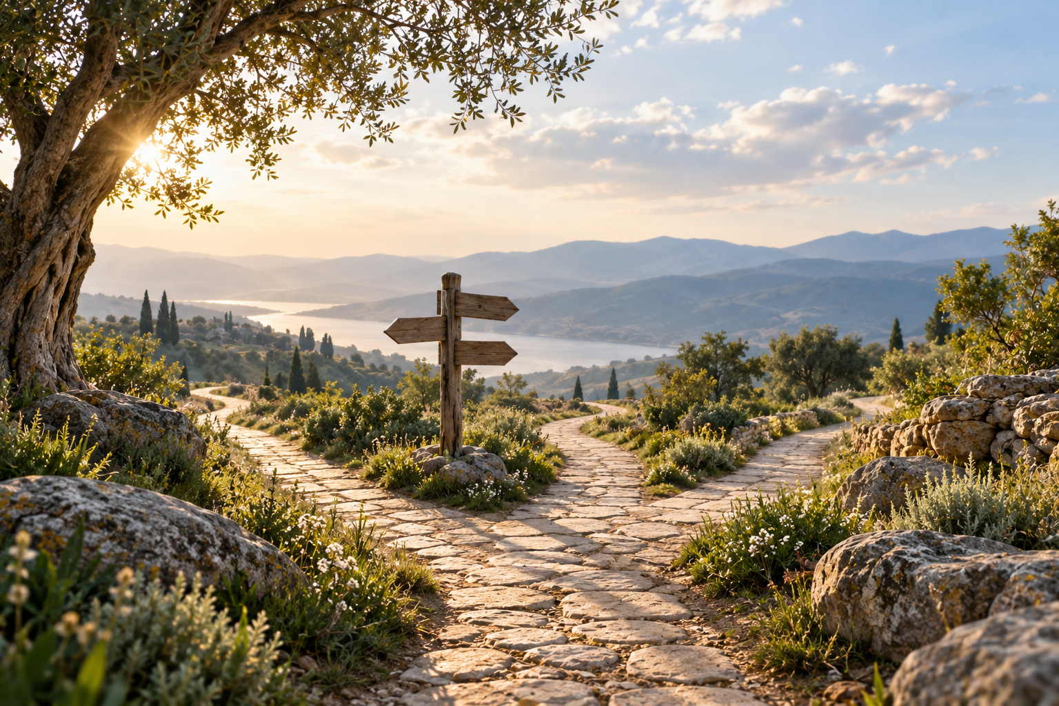 Three paths branching through a peaceful landscape, representing different paths of spiritual wisdom and understanding