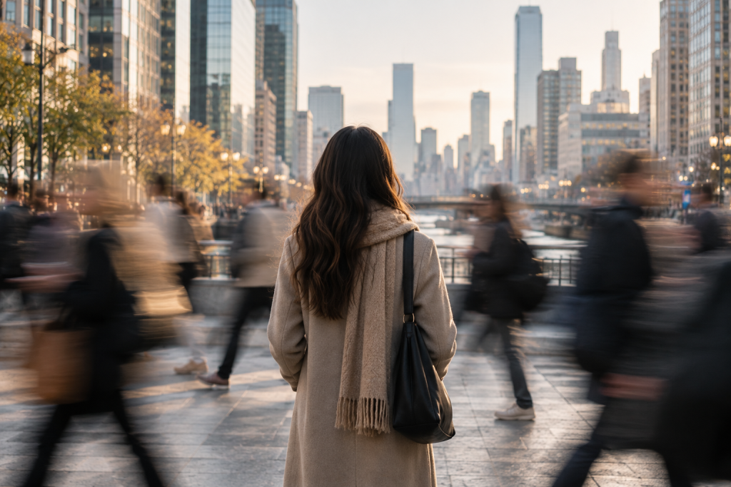 Woman standing still as a busy city crowd moves around her, representing stillness in a noisy world