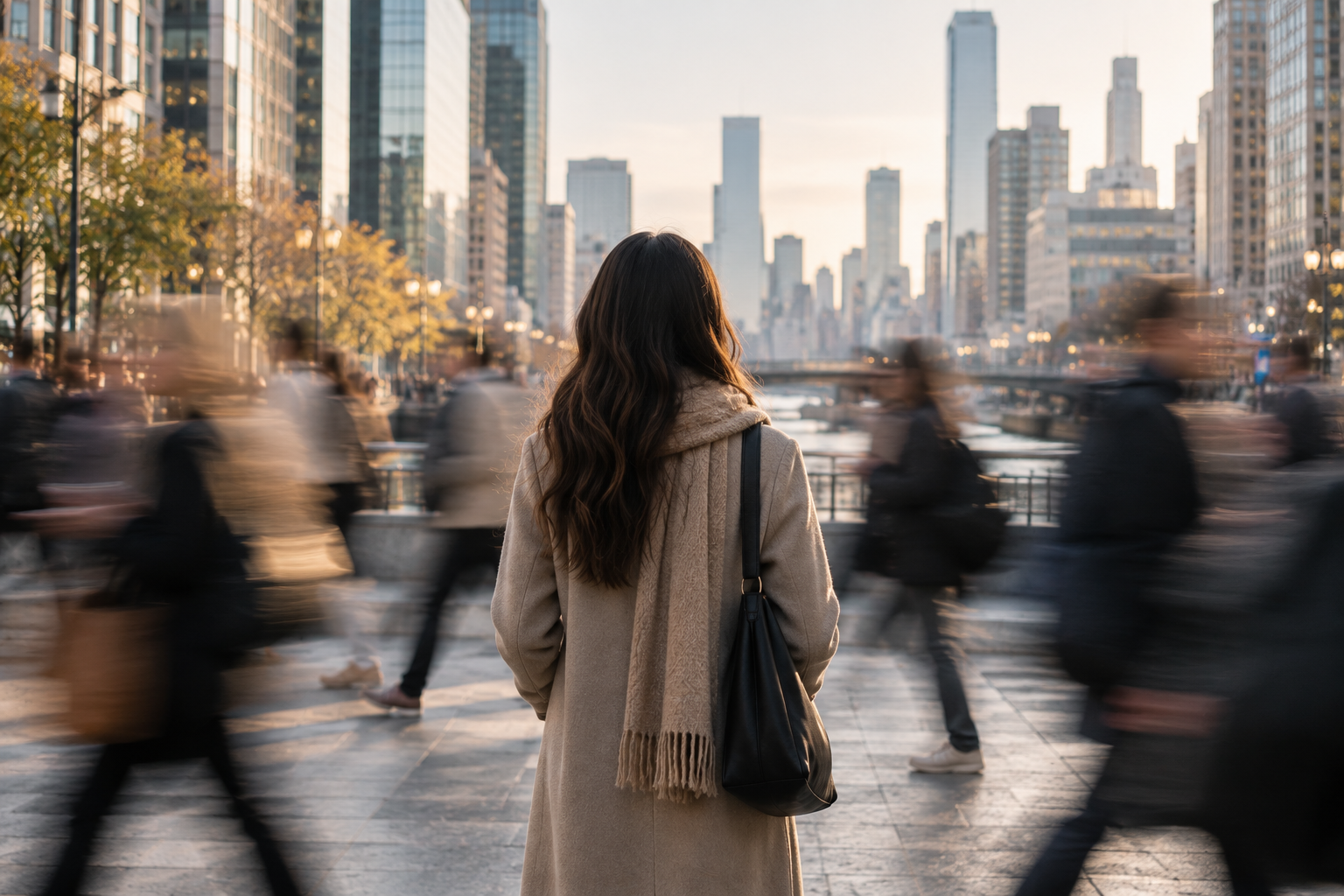 Woman standing still as a busy city crowd moves around her, representing stillness in a noisy world