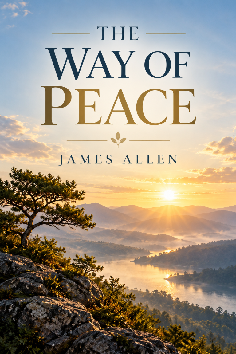 Book cover for The Way of Peace by James Allen, featuring a peaceful sunrise over mountains and a reflective lake.