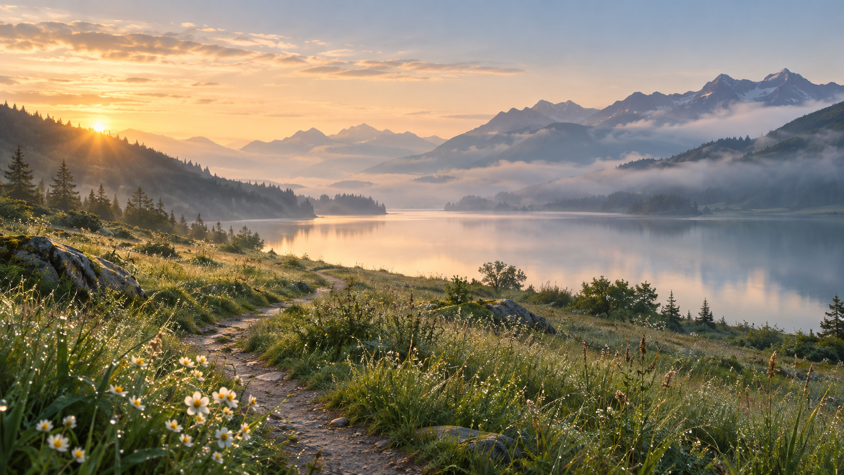 Sunrise over a peaceful mountain lake with a winding path through a wildflower meadow, representing reflection, inner wisdom, and spiritual journey.