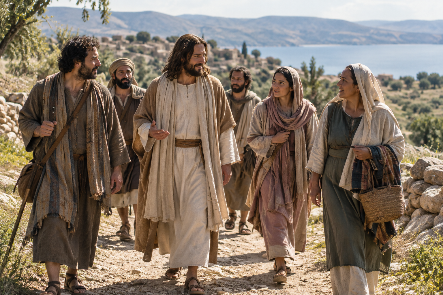 Jesus walking and speaking with followers along a path in Galilee