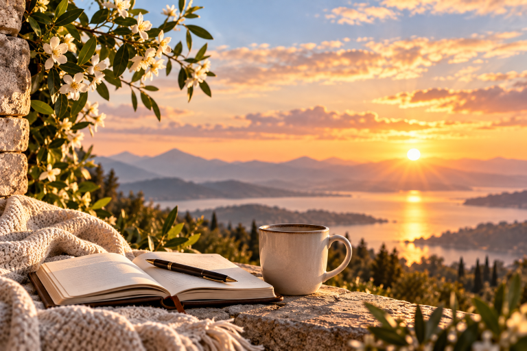 Open journal beside a warm cup overlooking mountains and water at sunrise, symbolizing reflection, enduring love, and peace.