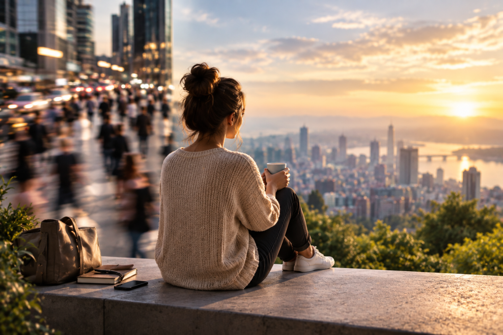 Woman sitting quietly above a busy city as blurred crowds move nearby, representing clarity and intentional attention amid the noise of everyday life