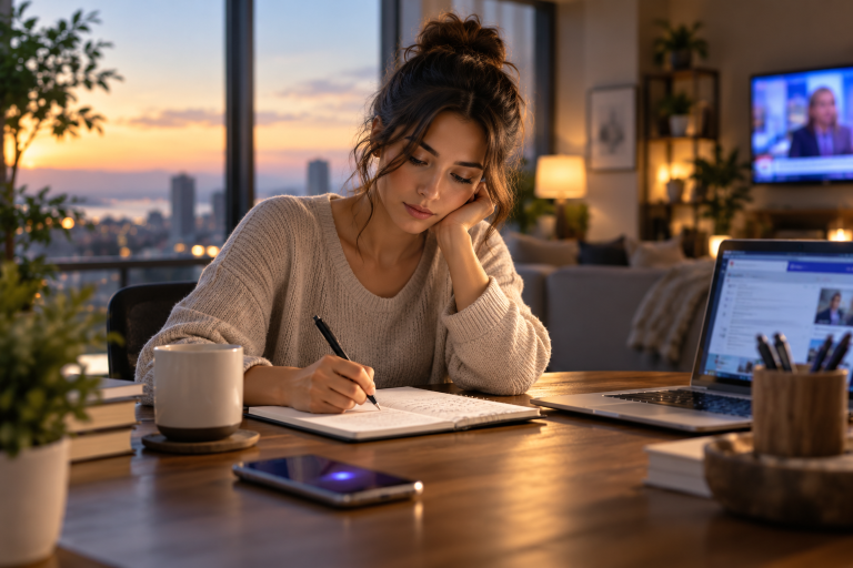 Woman focusing on writing while a phone, laptop, and television compete for attention around her