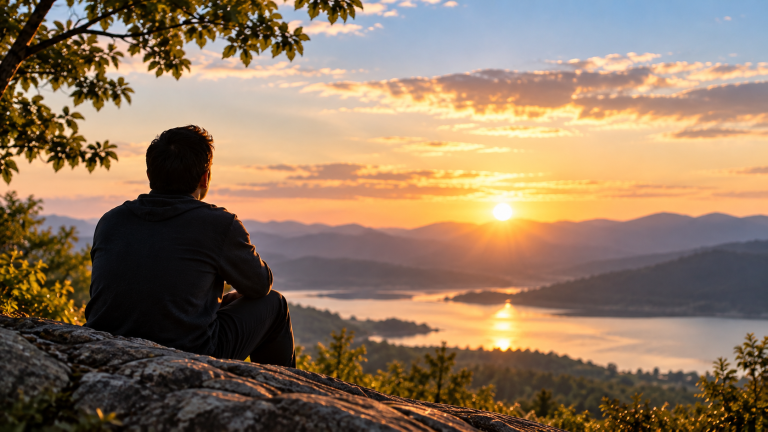 A person sitting quietly overlooking a peaceful mountain lake at sunset, reflecting the stillness and awareness of prayer beyond words.