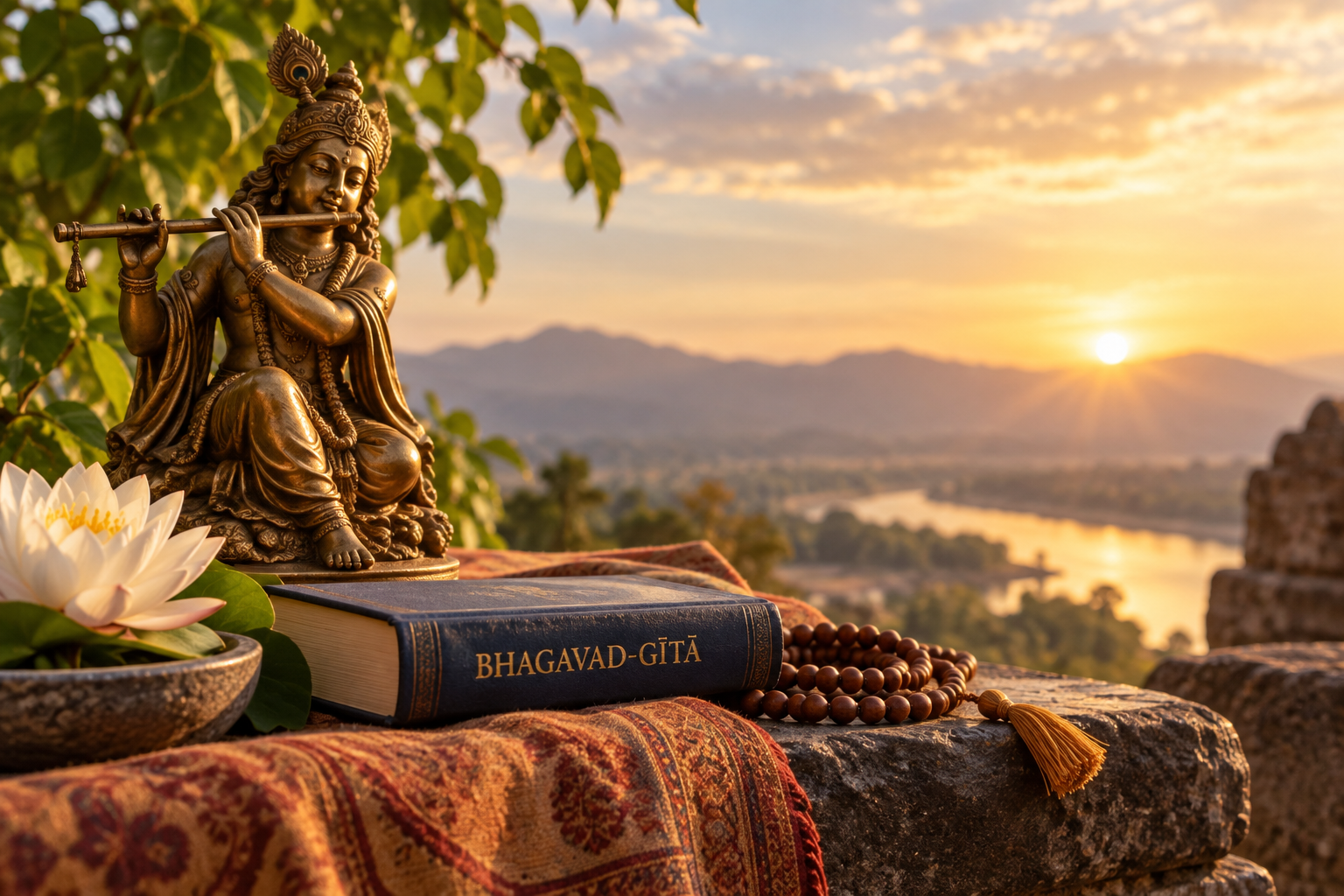 Krishna playing the flute beside the Bhagavad-gītā, lotus flower, and prayer beads overlooking a peaceful sunlit landscape