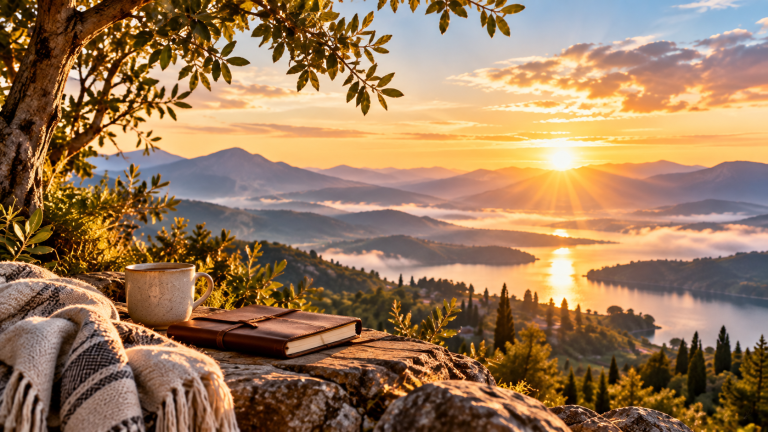 Sunrise over mountains and a peaceful lake beside an open book, representing the gradual spiritual journey toward growth, wisdom, and becoming more Godlike.
