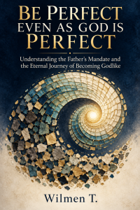 Book cover for Be Perfect Even as God Is Perfect by Wilmen T., featuring an evolving spiral mosaic of imperfect pieces becoming luminous, symbolizing the eternal journey of spiritual growth and becoming Godlike.