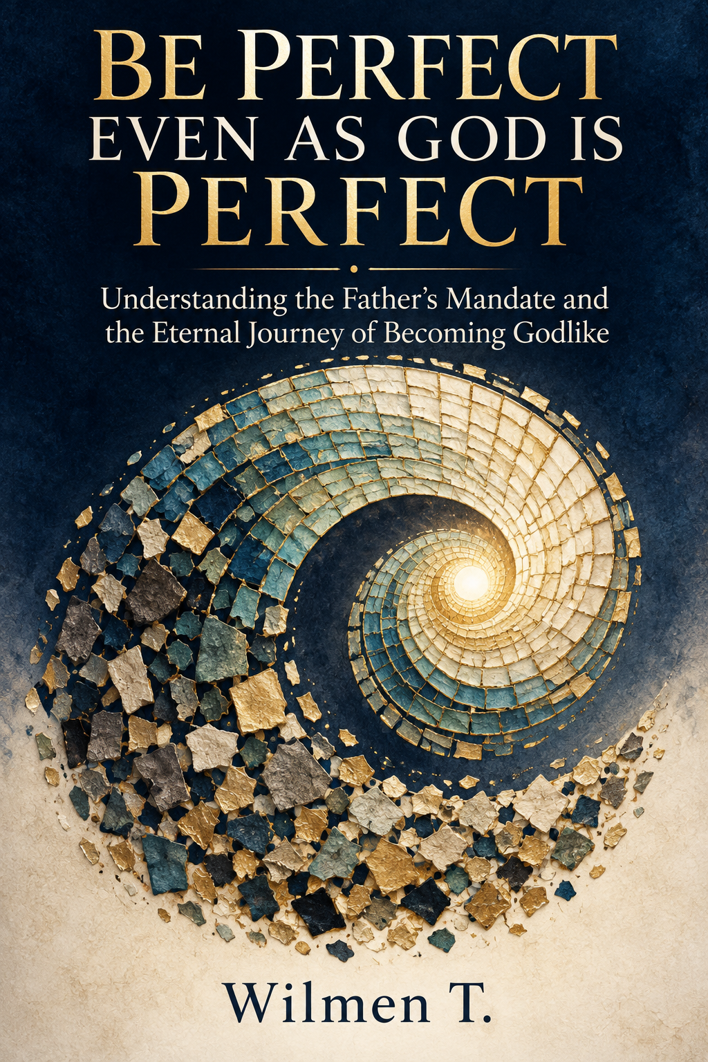 Book cover for Be Perfect Even as God Is Perfect by Wilmen T., featuring an evolving spiral mosaic of imperfect pieces becoming luminous, symbolizing the eternal journey of spiritual growth and becoming Godlike.