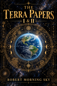 Book cover for The Terra Papers I & II by Robert Morning Sky, showing Earth surrounded by a golden astronomical map, constellations, and ancient symbolic details.