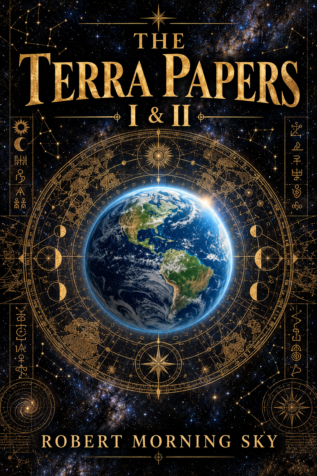 Book cover for The Terra Papers I & II by Robert Morning Sky, showing Earth surrounded by a golden astronomical map, constellations, and ancient symbolic details.